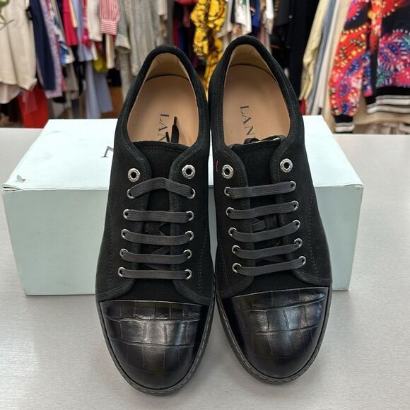 Brand New Lanvin Men's Suede Croc-Print Cap-Toe Sneakers - Picture 2 of 9